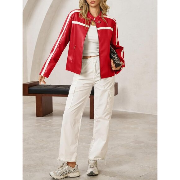 Women's Red Faux Leather Zip Up Moto Biker Y2K Racing Bomber Jackets - Picture 7 of 8